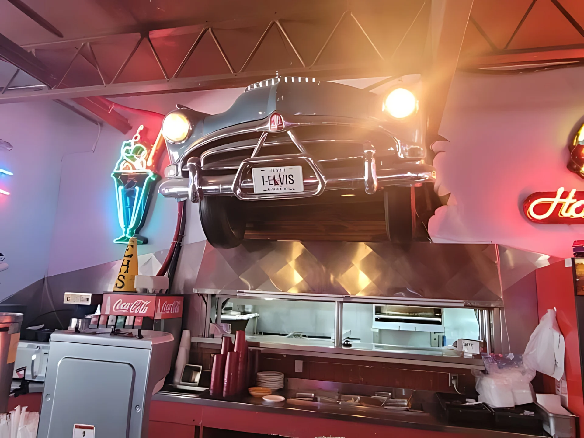 Vintage car suspended above the kitchen at Hudson's